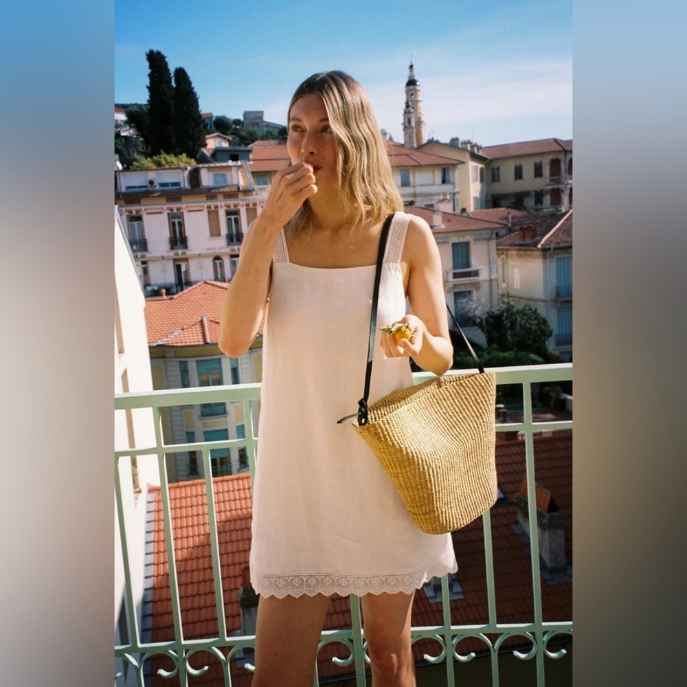 Posse Grace Ramie Linen Lace Crochet Trim Square Neck Mini Dress Tank White
